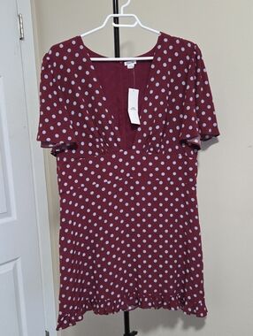Nwt Urban Outfitters Kimchi Blue Burgundy Polka Dot V-Neck Mini Dress